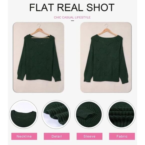 Women's Green Cute Elegant Soft Crew Neck Long Sleeve Knit Pullover Sweaters - Picture 3 of 6